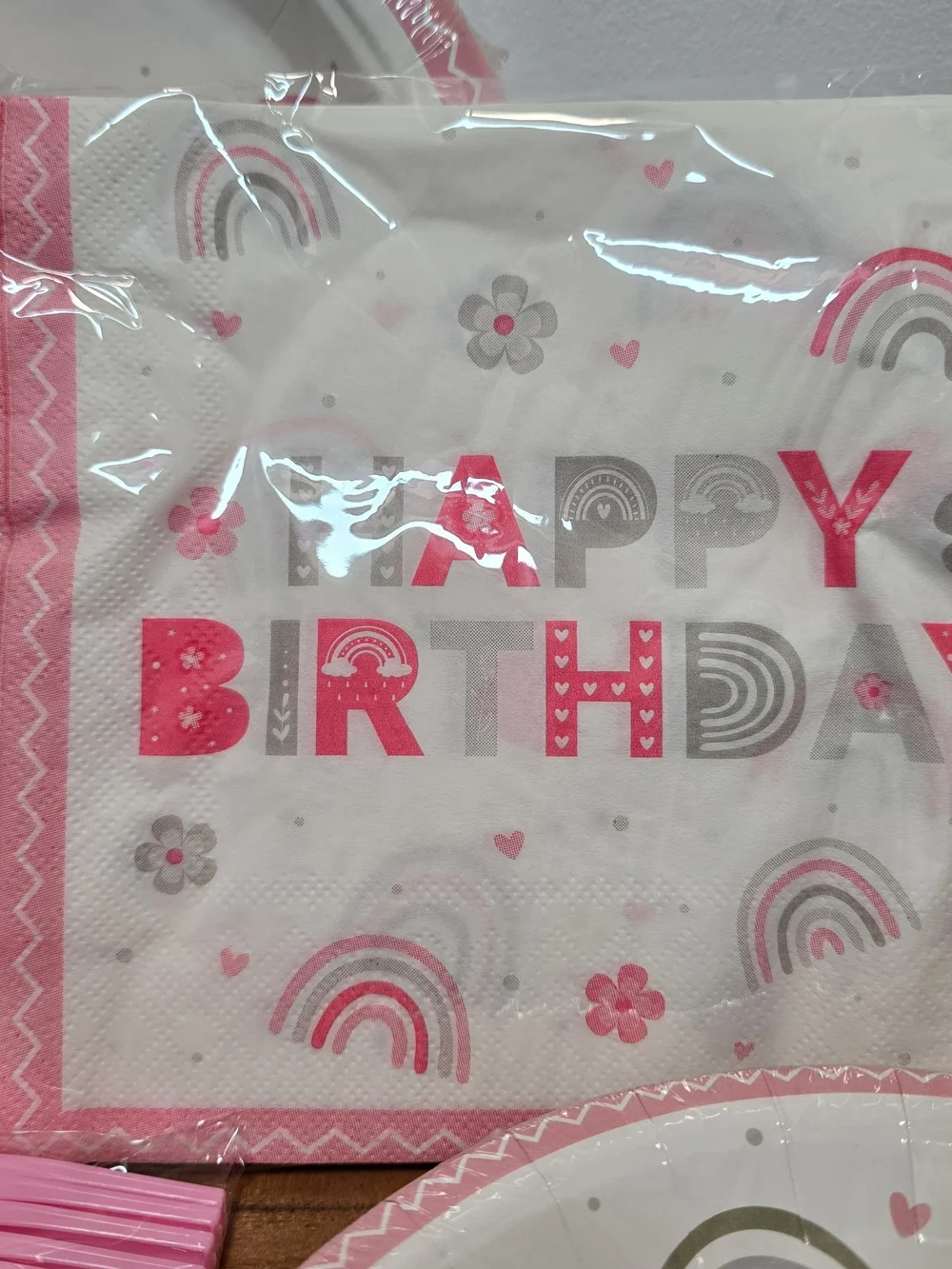 Happy Birthday Pink Boho Rainbow Party Paper Plates, Napkins & Cutlery Set 96pc.